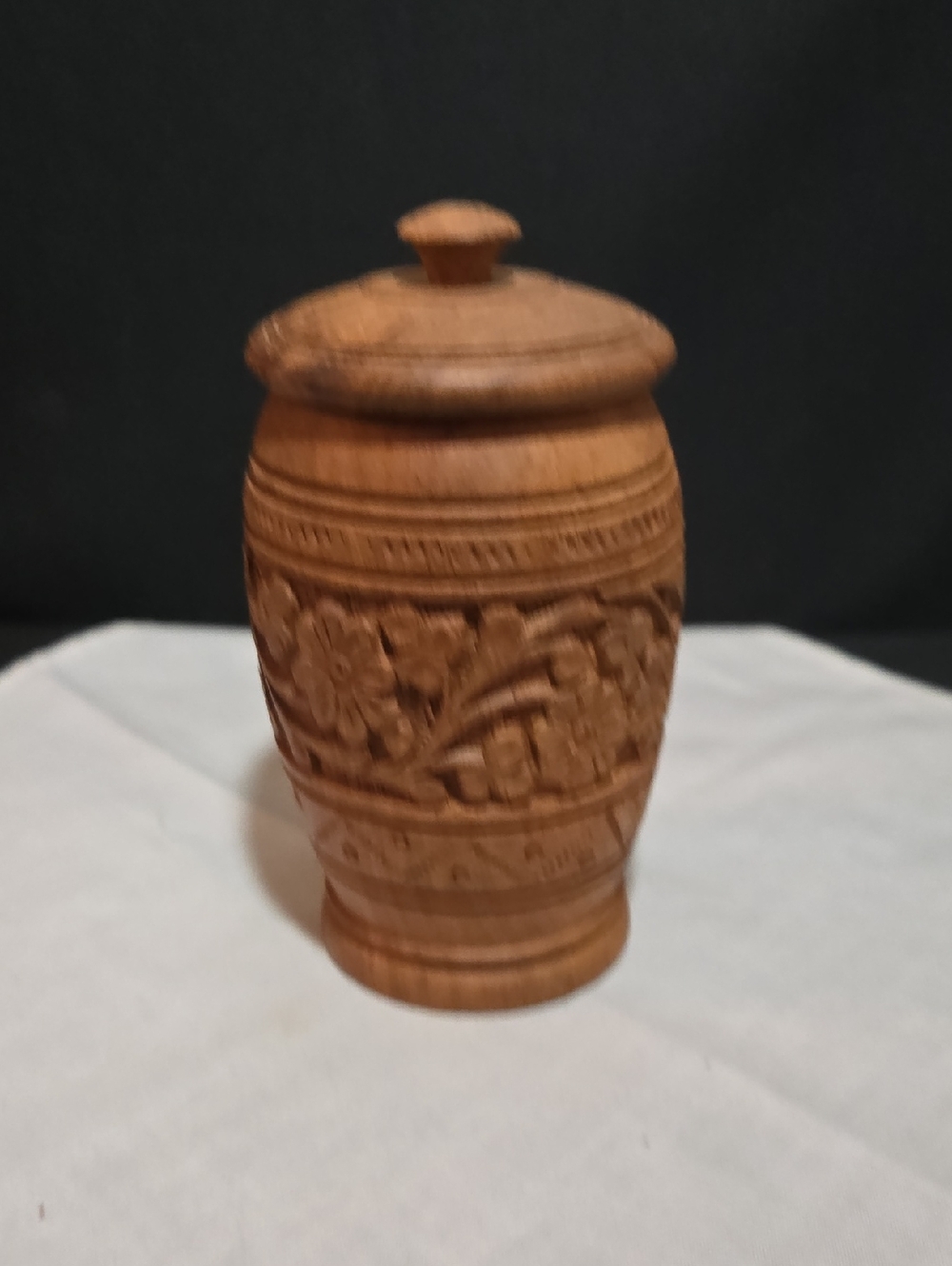 Vintage Hand-Carved Floral Wooden Jar With Lid - Brown